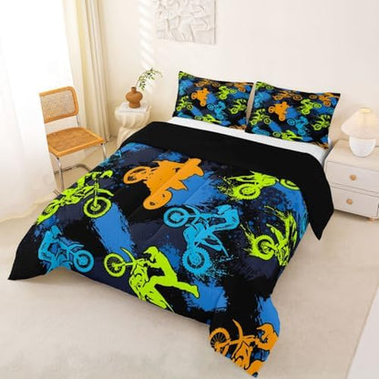 Feelyou Dirt Bike Comforter Set All Season Motocross Bedding Set with 2 Pillow Cases Rider Silhouette Kids Full Extreme Sports Bedroom Decor Graffiti Rider Duvet Quilt Breathable Soft Lightweight