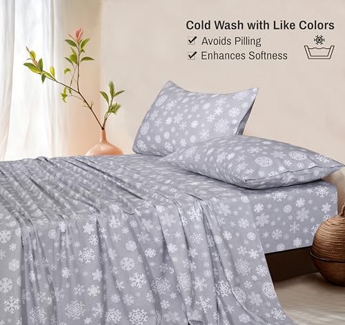 RUVANTI Flannel Sheets Set California King Size, Snowflakes