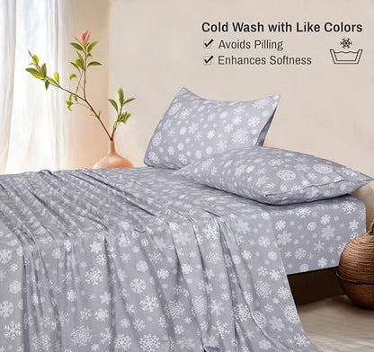 RUVANTI Flannel Sheets Set California King Size, Snowflakes