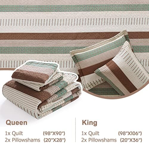 Finlonte 100% Cotton Queen Size Quilt Set, Patchwork Striped Queen Quilt Bedding Set Farmhouse Bedspread, Lightweight Quilted Comforter Reversible Bed Spread for All Season, Green/Brown/Beige, 3 Pcs