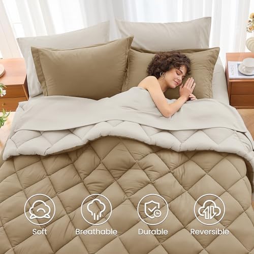 MUXHOMO 5 Pieces Twin Comforter Set, Reversible Bed in a Bag Twin Size, All Season Bedding Set with Comforter, Flat Sheet, Fitted Sheet, Pillowcases & Shams, Khaki & Linen
