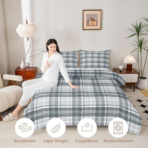 Manfei Blue Grey Plaid Comforter Set Full Size,Geometric Line Grid Bedding Set 3pcs,Classic Homestead-Style Down Comforter for All Season,Kids Boys Girls Room Decor,2 Pillowcases,No Sheets