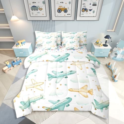 Erosebridal Colorful Aircraft King Size Comforter Set with Sheets for Boys, Cartoon Airplane 7 Pcs Bedding Set, Star White Cloud Bed in A Bag, Dreamy Aviation Theme Bed Sets for Kids Girls Adults