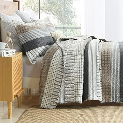 Finlonte 100% Cotton Queen Size Quilt Set, Patchwork Striped Queen Quilt Bedding Set Farmhouse Bedspread, Lightweight Quilted Comforter Reversible Bed Spread for All Season, White/Brown/Grey, 3 Pieces