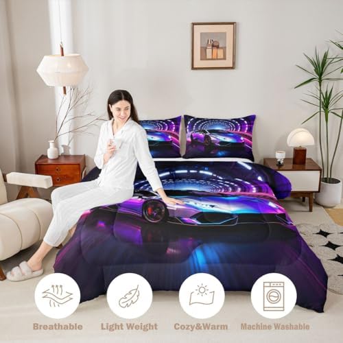 Feelyou Boys Race Car Comforter Set All Season Sports Racing Car Bedding Set with 2 Pillow Cases Purple Racing Extreme Sports Kids Queen Bedclothes Bedroom Decor Duvet Quilt Breathable Lightweight