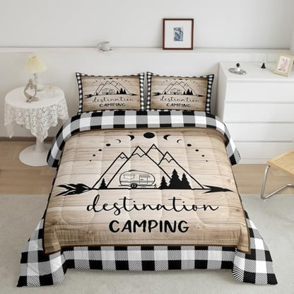 Manfei Camping Travel Comforter Set Full,Camper Car Bedding Set 3pcs for Kids Youths Adults RV Trailer Decor,Geometric Plaid Sun Moon Quilt Set,Wild Rustic Farmhouse Duvet Insert with 2 Pillowcases