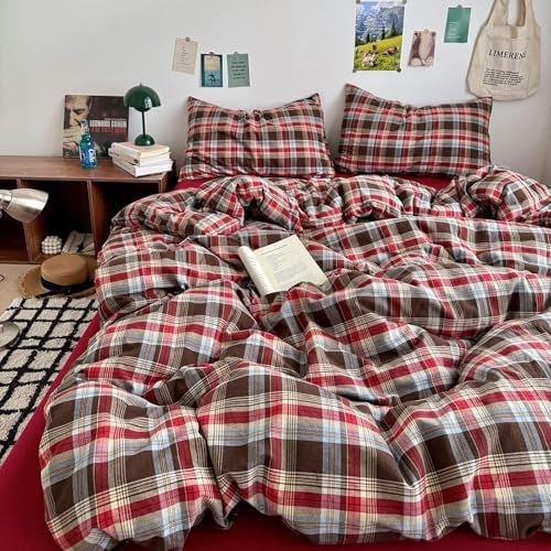 mixinni Vintage Red & Brown Buffalo Plaid Duvet Cover Set Full Size - 3 Piece Washed Cotton Bedding Set with Classic Checkered Pattern, Cozy Farmhouse Duvet Cover with Pillowcases for All Seasons