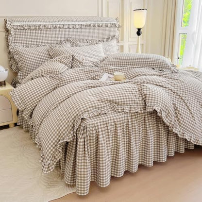 mixinni Tan Gingham Ruffle Duvet Cover Twin Size 3 Pieces – 100% Washed Cotton, Vintage Plaid Ruffled Bedding Set with Zipper Ties, Soft Cream Checkered Grid Farmhouse Chic Comforter Cover Set