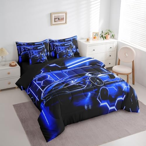 Feelyou Speed Sports Car Comforter Set with Sheets Twin Size Kids Race Car Honeycomb 7 Pieces Bedding Set for Boys Girls Teens Racing Car Bed in a Bag Breathable Extreme Sports Bed Set Blue Black
