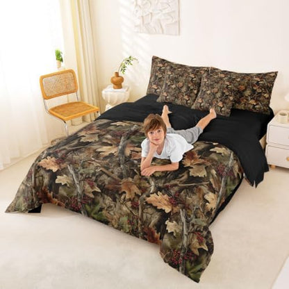 Erosebridal Berry Leaf Camouflage Bedding Set Full Hunting Woodland Camo Comforter Set 7 Piece Country Forest Plants Bed in A Bag for Kids Rustic Botanical Leaves Quilt with Flat Fitted Sheet