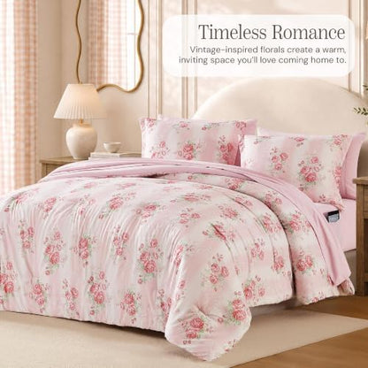 BLOOMHAVEN Queen Comforter Set-7 Pieces Pink Floral Bed in a Bag Queen