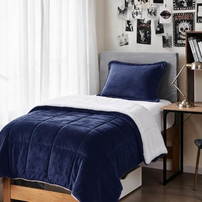 Sherpa Comforter Set Twin XL Size, Navy Blue Bedding Set with Sham
