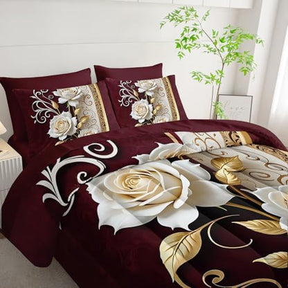 Red and White Floral Comforter Set King Size 7 Piece，Rose King Bedding Set，(1 Comforter, 1 Flat Sheet, 1 Fitted Sheet, 2 Pillowcase and 2 Pillow Sham)，White Rose Bedroom Decor