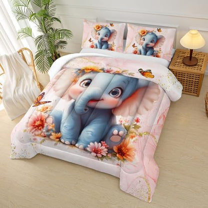 Cartoon Elephant Comforter Set Twin for Kids,Wild Animals Bedding Set,Flower Butterfly Print Elephant Quilt Set,Marble Comforter Set,Pink Gold Rainbow Bedding Set