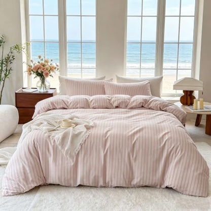 Striped Duvet Cover Set Full Size 3 Piece 100% Washed Cotton Linen Like Textured Bedding Comfy Breathable (Full, Double Stripe-Greyish Pink/White)