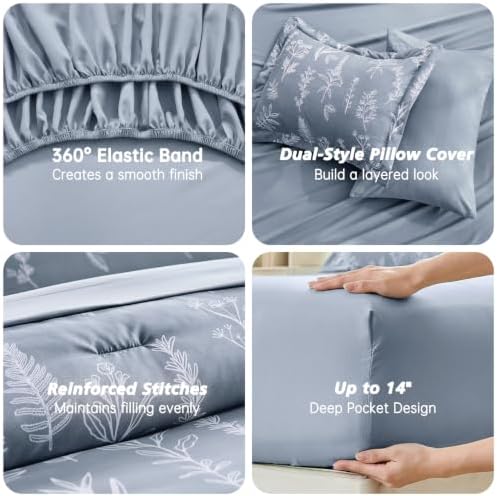 MUXHOMO Light Grey Full Comforter Set, Elegant Floral Print Bed in a Bag 7 Pieces, Ultra Soft & Breathable Reversible Botanical Pattern Bedding Set with Comforter, Sheets, Pillowcases, and Shams