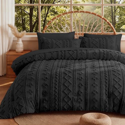 MR&HM King Size Comforter Set 7 Pieces, Farmhouse Boho Tufted Bed Set Black