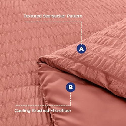 HYMOKEGE Coral California King Comforter Set Seersucker 7 Pieces, All Season Luxury Bed in a Bag for Bedroom, Bedding Set with Comforter, Sheets, Pillowcases & Shams