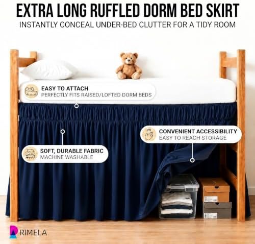 Dorm Room Bed Skirt Twin XL 42" Drop, College Split Corner Bedskirt, Navy