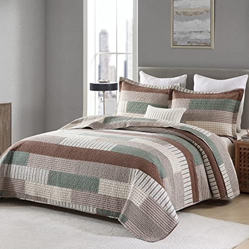 Y-PLWOMEN 100% Cotton King Size Quilt Farmhouse Striped 3-Pieces Bedding
