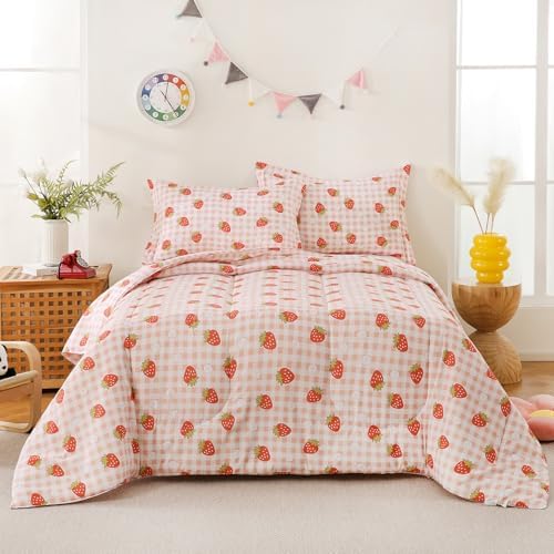 Yibeizi Strawberry Comforter Set Twin Size Girls Gingham Bedding