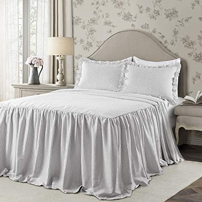 Lush Decor Ticking Stripe Bedspread Queen Size 3 Piece Set Gray - Ruffle Bedding Set Queen Bedspreads - Striped Bedding - Farmhouse & Coquette Decor