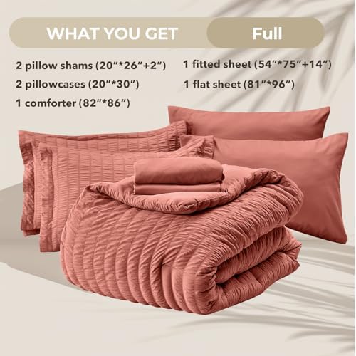 HYMOKEGE Coral Full Size Comforter Sets Seersucker 7 Pieces, All Season Luxury Bed in a Bag for Bedroom, Bedding Set with Comforter, Sheets, Pillowcases & Shams