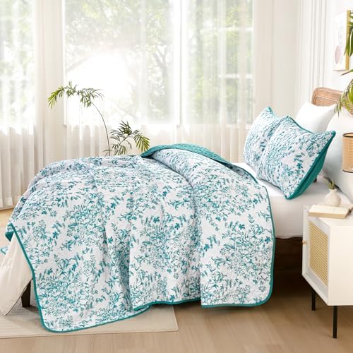 WONGS BEDDING Botanical King Quilt Bedding Set, Soft Bedspread, Blue Green
