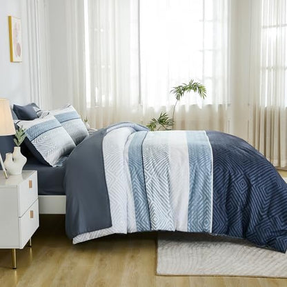 Drucon Blue Comforter Set Full Size 7 Piece Bed in a Bag, Boho Striped Bedding Set, Soft Microfiber Comforter and Sheet Set for All Season