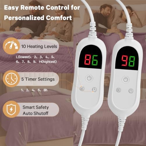 Heated Electric Blanket Queen, Dual Control, 84" x 90", Taro Purple