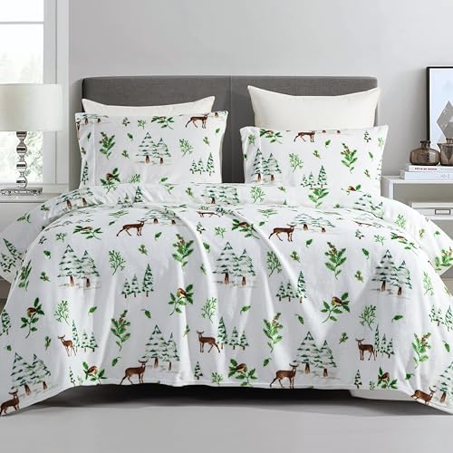 Elegant Comfort Luxuriously Soft 4-Piece Holiday Velvet Plush Flannel Sheet Set - Premium Quality - Cozy Warm, Christmas Fuzzy Velvet Flannel Fleece Deep Pocket Sheet Set - Twin XL, Enchanted Woods