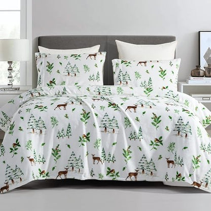 Elegant Comfort Luxuriously Soft 4-Piece Holiday Velvet Plush Flannel Sheet Set - Premium Quality - Cozy Warm, Christmas Fuzzy Velvet Flannel Fleece Deep Pocket Sheet Set - King, Enchanted Woods