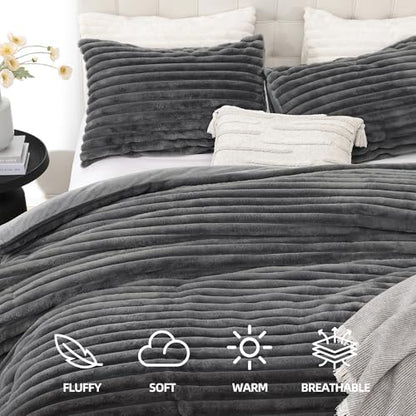 Smoofy Fluffy Queen Size Comforter 3 PCS - Dark Grey Fleece Bedding Set