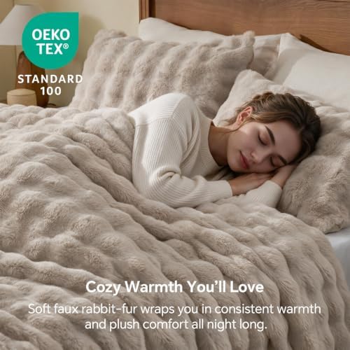 BEDELITE Faux Fur Comforter Set Twin,Thick Winter Comforter,Khaki
