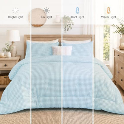 Full Comforter Set, Fluffy Seafoam Gingham Plaid Bedding, 3 Pieces