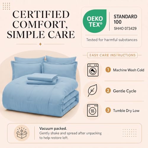 CozyLux King Size Comforter Set Baby Blue, 7 Pieces Bed in a Bag King Comforter Set with Sheets, Bedding Sets with Down Alternative Comforter, Sheets, Pillowcases & Shams, Soft All Seasons Bed Set