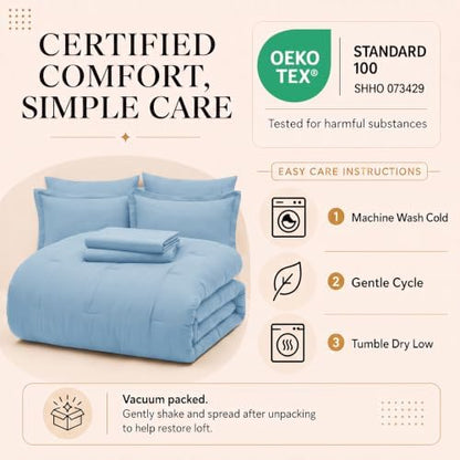 CozyLux King Size Comforter Set Baby Blue, 7 Pieces Bed in a Bag King Comforter Set with Sheets, Bedding Sets with Down Alternative Comforter, Sheets, Pillowcases & Shams, Soft All Seasons Bed Set