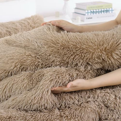 Smoofy Fluffy Full Size Comforter Set, Khaki Faux Fur Comforter Set 3 Pcs
