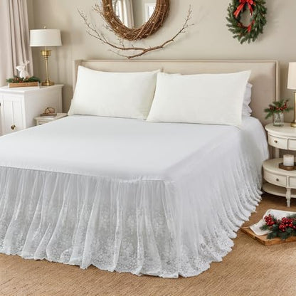 Brandream Lace Bed Skirt Twin Size White 18 Inch Drop Romantic Dust Ruffle Split Corners Bed Sheets Cover Excellent Quality