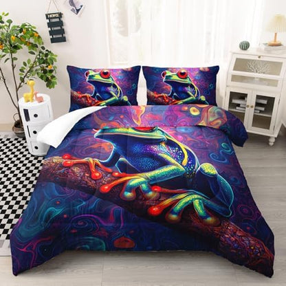 AILONEN Cartoon Funny Frog Bedding Sets Queen Size,Tropical Amphibians Comforter Set,Boho Style Duvet Set,1 Quilt + 2 Pillowcase,Soft Breathable