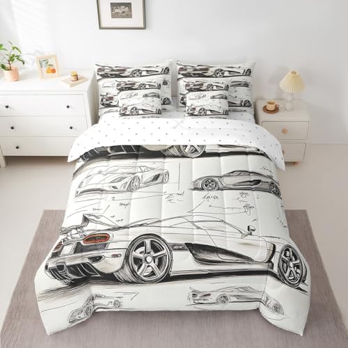 Feelyou Race Car Comforter Set with Sheets Full Size Kids Speed Sports Car Manuscript 7 Pieces Bedding Set for Boys Girls Teens Racing Car Line Bed in a Bag Breathable Extreme Sports Bed Set