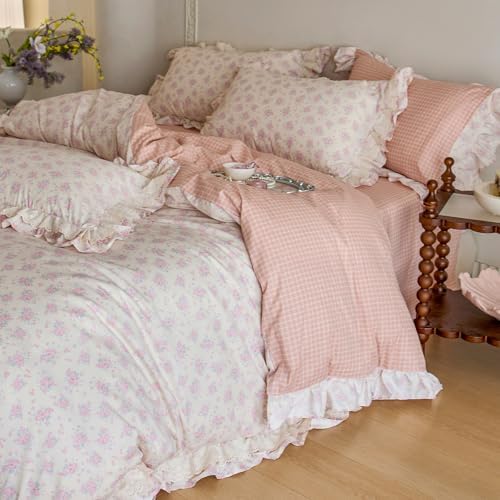 Pink Floral Duvet Cover Set Twin XL, Romantic Ruffle Lace Botanical Floral Bedding Set, 100% Cotton Girls Flower Cottagecore Duvet Cover, Reversible Grid Botanical Comforter Cover with 2 Pillowcases
