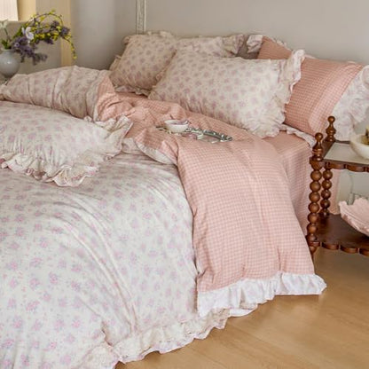 Pink Floral Duvet Cover Set Twin XL, Romantic Ruffle Lace Botanical Floral Bedding Set, 100% Cotton Girls Flower Cottagecore Duvet Cover, Reversible Grid Botanical Comforter Cover with 2 Pillowcases