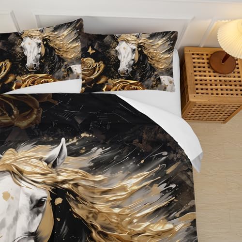 White Horse Style Comforter Set Twin Size，Gold Rose Floral Bedding Sets Twin，Butterfly Quilt Pattern，Western Bedroom Decor