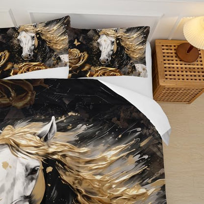 White Horse Style Comforter Set Twin Size，Gold Rose Floral Bedding Sets Twin，Butterfly Quilt Pattern，Western Bedroom Decor