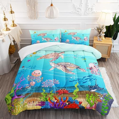 Turtle Comforter Set Full Ocean Watercolor Sea Turtle Bedding Set Tropical Fish Marine Life Bed Set with 2 Pillowcases for Kids Room Decor