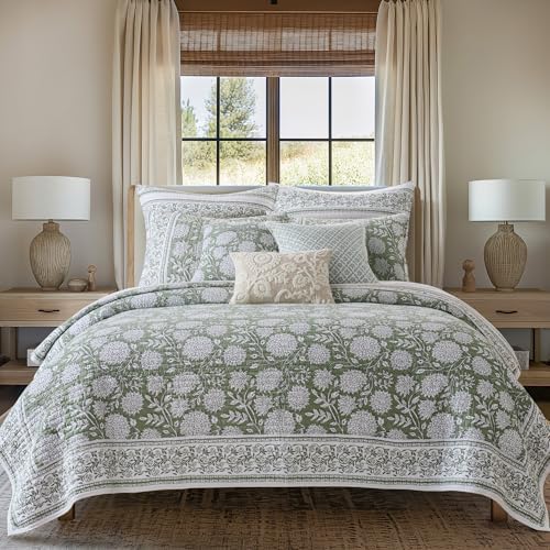 Levtex Home Adare Sage Reversible King/Cal King Quilt Set (106x92in) with 2 Pillow Shams (36x20in) - Floral Bedding - Sage White - Cotton King Size Quilt Bedding Set - Lightweight, Soft, Pre-Washed