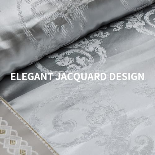 Bedduvit Luxurious Silky 7 Piece Queen Comforter Set - Soft Jaquard Floral Patchwork Design Comforters Queen Size, Silver Gray Down Alternative Bedding Set with Bed Skirt, Shams and Decorative Pillows