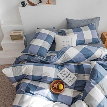 mixinni Twin XL Comforter Set Soft Fluffy Modern Style Checkered Pattern Comforter for Boys Mens, 1 Blue White Grey Geometric Comforter and 2 Pillowcases, All Seasons-Twin XL Size