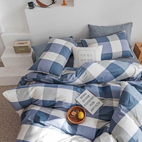 mixinni Full Comforter Set Soft Fluffy Modern Style Checkered Pattern Comforter for Boys Mens, 1 Blue White Grey Geometric Comforter and 2 Pillowcases, All Seasons-Full Size